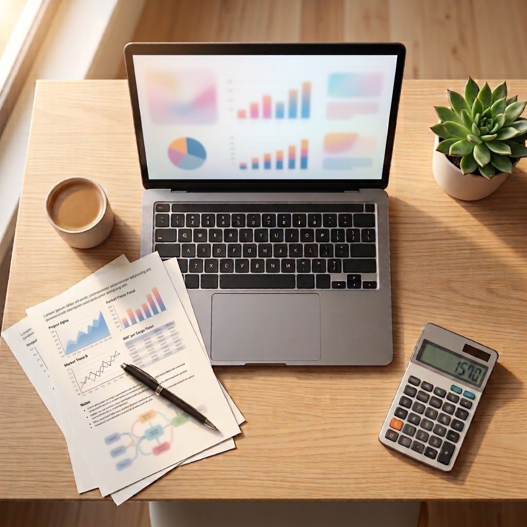 Mesa de trabajo con portátil, calculadora y documentos financieros